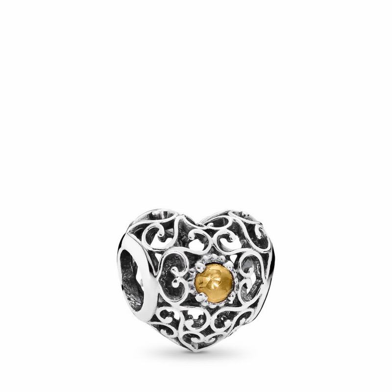 Pandora November Signature Heart Charm NZ, Sterling Silver (354927-HZA)